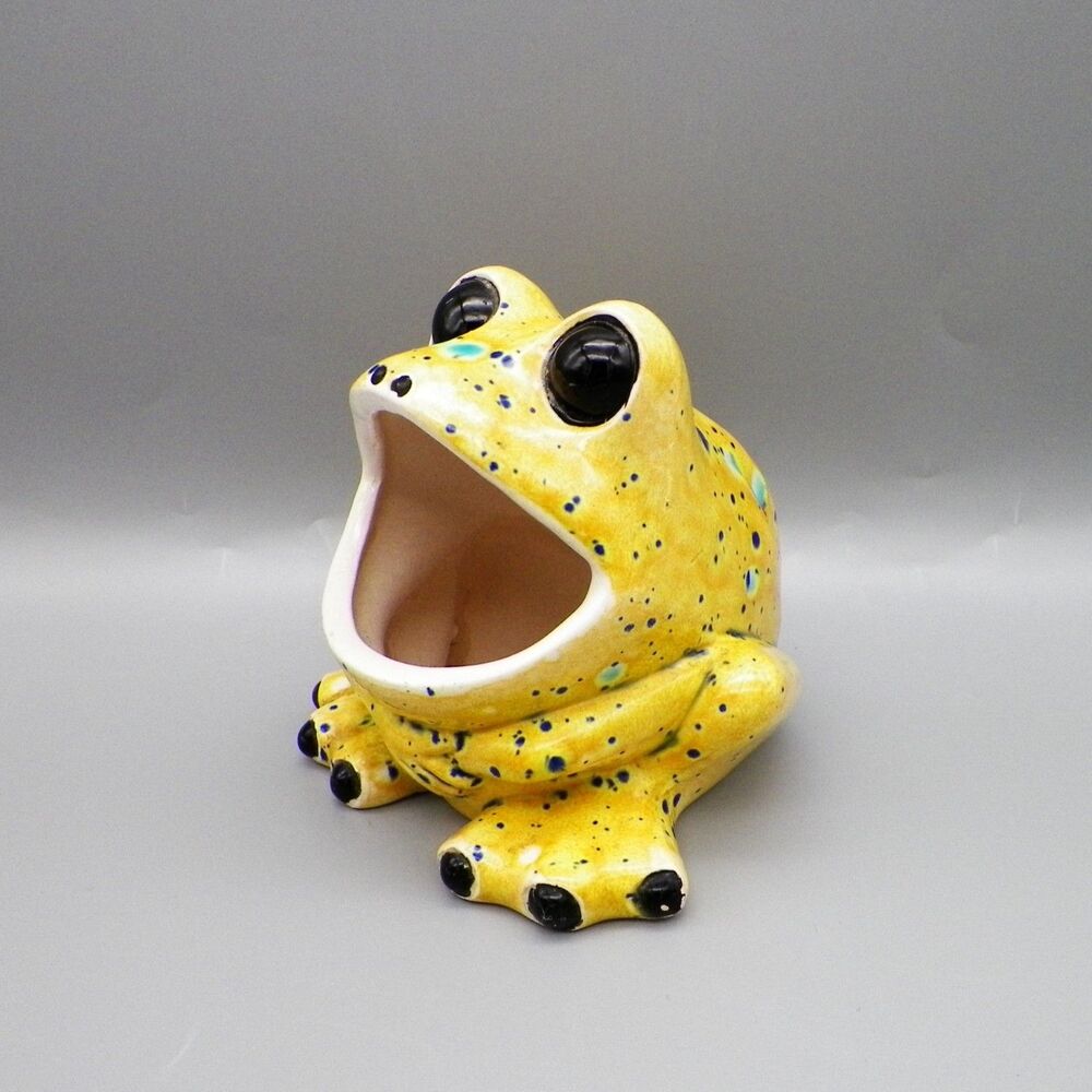 Vintage Wide Mouth Ceramic Frog Speckled Yellow Kitchen Sponge Holder Handmade